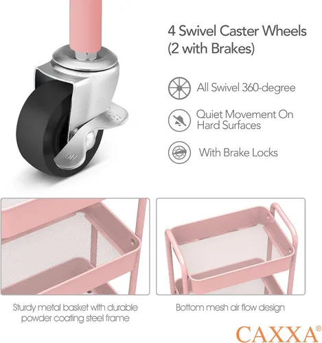 Vista 3 de CAXXA 3-Tier Rolling Metal Storage Organizer - Mobile Utility Cart with Caster Wheels, Pink