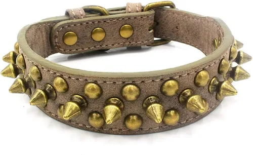 Vista 22 de Serijoars Collar para perro con pinchos, de piel sintética suave con remaches de hongos, collar ajustable para cachorros (XS, marrón)