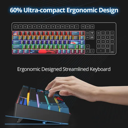 Vista 4 de Teclado mecánico 60% para juegos, 68 teclas, retroiluminación arcoíris, mini teclado compacto con cable con interruptor rojo para Windows Laptop