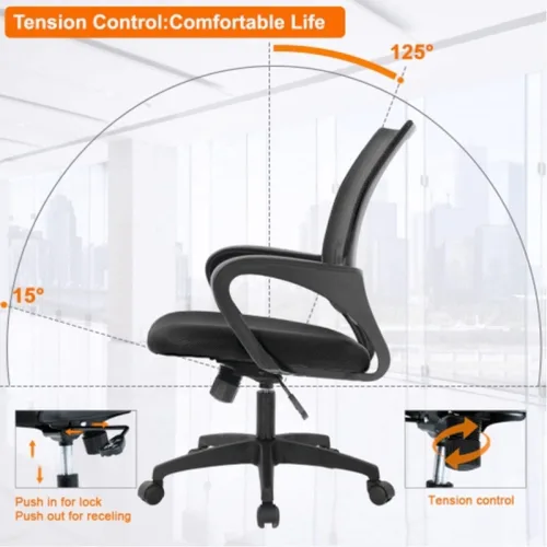 Vista 3 de Silla de oficina en casa, silla de escritorio ergonómica, silla de computadora de malla con soporte lumbar y reposabrazos, silla de trabajo Negro