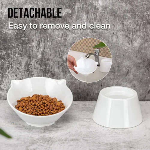 Vista 6 de Cuencos elevados desmontables para gatos, tazón elevado para comida de gatos inclinado 15° anti-vómito, amigable con los bigotes, platos ajustables