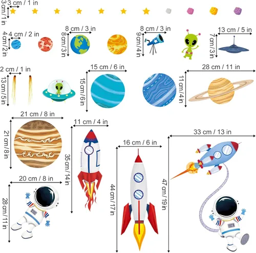 Vista 4 de decalmile Calcomanías de pared para el espacio exterior, diseño de cohete, planetas, astronauta, decoración de pared para habitación de bebé