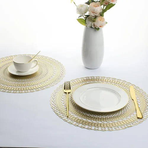 Vista 2 de 6Pcs Gold Round Placemats, Hollow Out Washable and Wipeable Place Mats, Vinyl Pressed Non-Slip Table Mats Set of 6 for Party Wedding Decoration