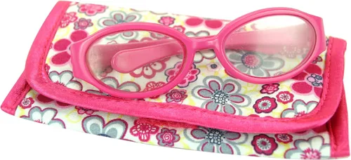 Vista 2 de Sophia's Lentes de muñeca de color rosa intenso con marco ovalado de plástico y funda de tela con estampado de flores, juego de 2 piezas
