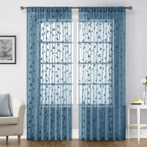 Vista 54 de HOMEIDEAS Cortinas traslúcidas amarillas de 84 pulgadas de largo, 2 paneles de cortinas bordadas con patrón floral amarillo y blanco, cortinas