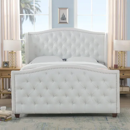 Vista 2 de Jennifer Taylor Home - Juego de cama Marcella, tapizado, con cabecera con paneles laterales, tamaño Queen, poliéster blanco brillante