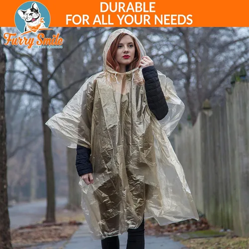 Vista 4 de Furry Smile Disposable Rain Ponchos Family Pack for Adults Emergency Waterproof Rain Poncho for Men or Women with Drawstring
