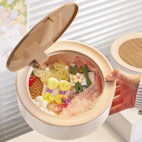 Vista 6 de PHILISENMALL Round Shape Hair Tie Container Box with Lid Portable Large Capacity Small Items Storage Containers Modern Style Space-saving Plastic