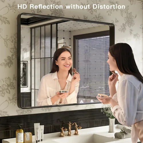 Vista 2 de ISKM Espejo de baño con marco de metal negro para pared de 40 x 32 pulgadas, espejo rectangular redondeado, antioxidante (horizontal/vertical)
