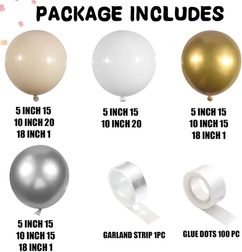 Vista 2 de Arco de guirnalda de globos de color blanco arena y plata, 135 unidades, color beige, blanco y dorado cromado, arco de globos plateados, arco