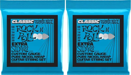 Ernie Ball Extra Slinky - Cuerdas para guitarra eléctrica Classic Pure Nickel, calibre 8-38 (P02255) (paquete de 2)