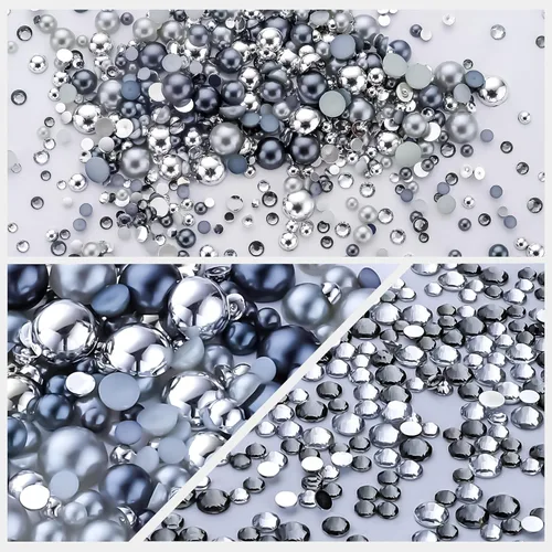 Vista 2 de 60g Perlas de Plata Gris y Diamantes de Imitación para Manualidades Tamaño Mixto 3mm-10mm Color AB Perlas Redondas Mitad Planas y Diamantes