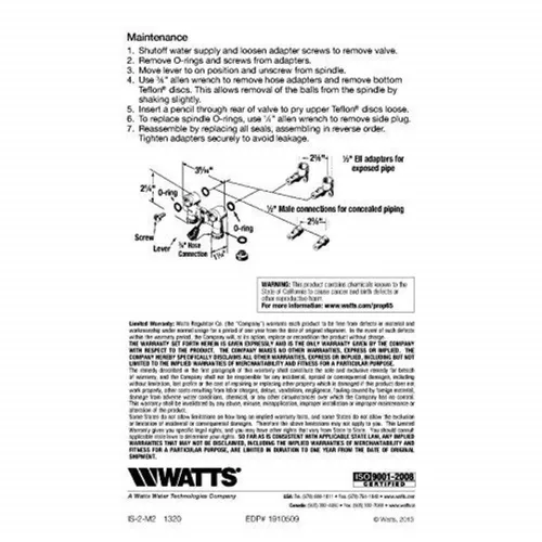 Vista 7 de Watts 1/2" 2T-M2 Válvula de cierre de agua caliente para lavadora de latón y tubular