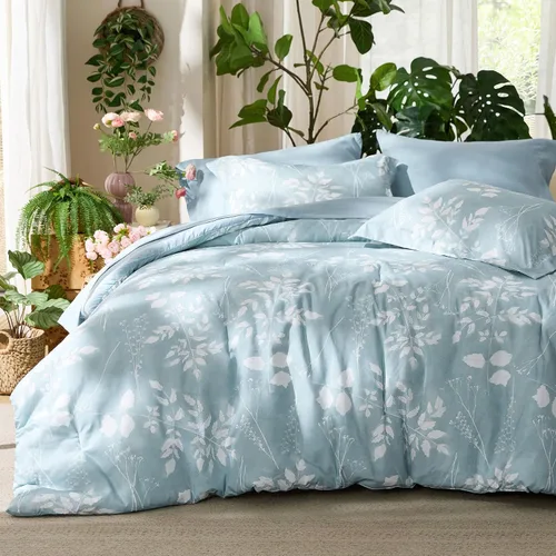 Vista 25 de Bedsure Juego de ropa de cama con edredón tamaño individual de 5 piezas, diseño floral, color verde salvia suave, con edredón, sábanas, funda