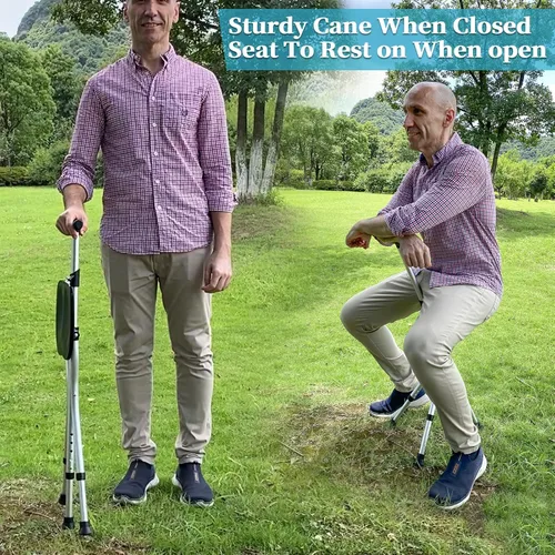 Vista 4 de Bastón plegable ajustable portátil con asiento que permite durabilidad al caminar y comodidad para sentarse, silla muleta de aleación, bastón