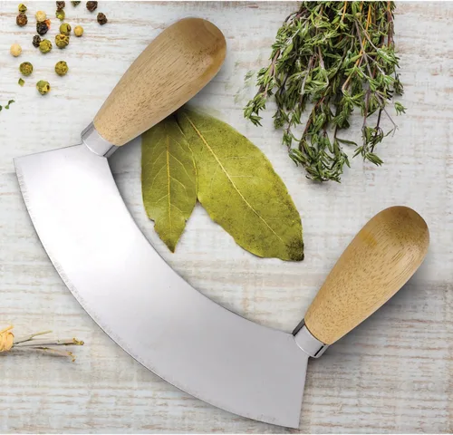 Vista 6 de HIC Kitchen Mezzaluna - Picador mecedor y cuchillo de picar con asas dobles, acero inoxidable, madera de caucho, para hierbas, verduras, nueces y más
