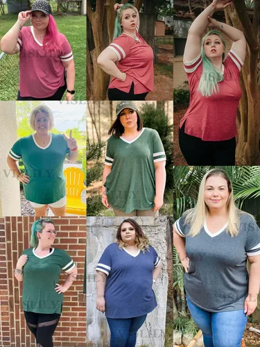 Vista 5 de VISLILY Womens Plus-Size Tops V Neck Summer T Shirts Striped Short Sleeve Tunic Tee