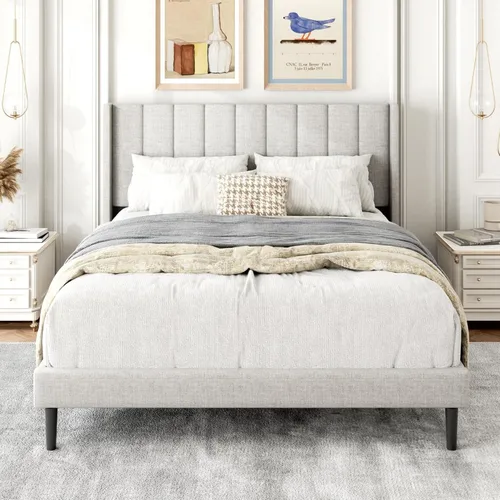Vista 100 de Base de cama tamaño Queen con cabecera tapizada con respaldo de ala, plataforma de fácil montaje, soporte de listones de madera, no necesita somier