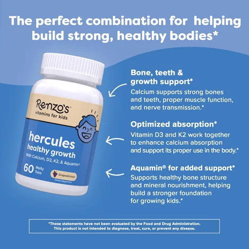 Vista 3 de Suplemento de calcio Renzo's Hércules con vitamina D3 y K2 - Vitaminas para el crecimiento de los niños, edades 2+, soluble, 60 pastillas de sabor