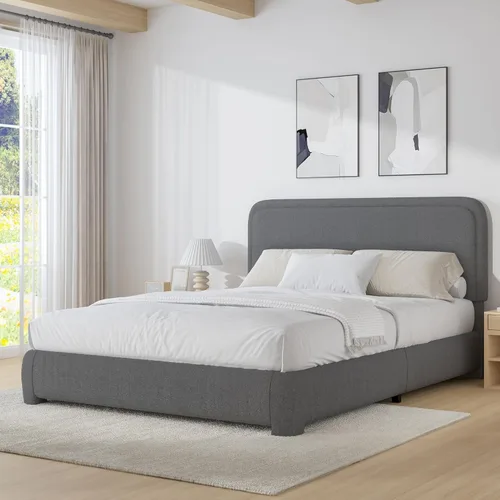 Vista 10 de BarnFurin Base de cama individual con cabecero, cama de plataforma tapizada Cloud Boucle, esquinas redondeadas suaves, no necesita somier, Beige