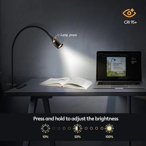 Vista 5 de acegoo Luz de lectura minimalista para cabecera de cama, luz de libro regulable con clip con adaptador USB-C, cuello flexible y práctico interruptor