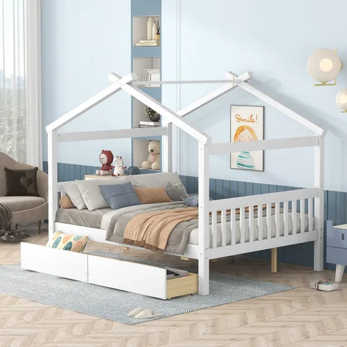 Vista 242 de Merax Cama de madera de tamaño individual con dos cajones, marco de cama de madera con techo para niños, adolescentes, niños o niñas, gris