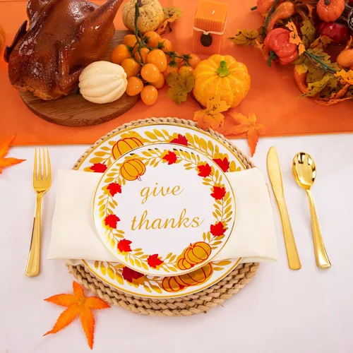 Vista 4 de U-QE 125 platos de plástico de Acción de Gracias con cubiertos de plástico dorado, platos blancos y dorados para 25 invitados, incluyen 25 platos
