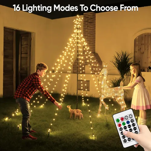 Vista 3 de Luces de árbol de Navidad de 340 LED con estrella superior, IP67, impermeable, control remoto, luces de cascada con poste, 16 modos, 3