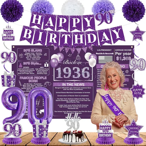 Vista 4 de Crenics Decoraciones moradas de cumpleaños 90 para mujer, telón de fondo, pancarta, remolinos, centros de mesa, banda, pompones de papel, decoración