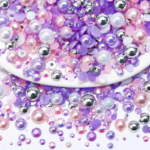 Vista 10 de 60g de perlas planas y mezcla de diamantes de imitación, 2mm-10mm de tamaño mixto, perlas y diamantes de imitación planas para manualidades, vasos
