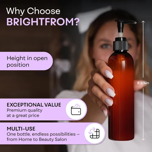 Vista 6 de BRIGHTFROM Botellas con bomba de loción, vacíos de 8 onzas, recipientes de plástico recargables sin BPA, ámbar con dispensador negro para jabón