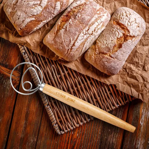 Vista 5 de Paquete de 2 batidores de masa danesa, batidora de pan holandés, batidora de mano de madera, herramientas para hornear masa madre para pastel, pan