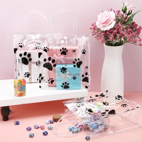 Vista 3 de Teling Paquete de 20 bolsas de regalo de PVC transparente con asa de perro con asa, bolsas de plástico reutilizables transparentes para cachorros