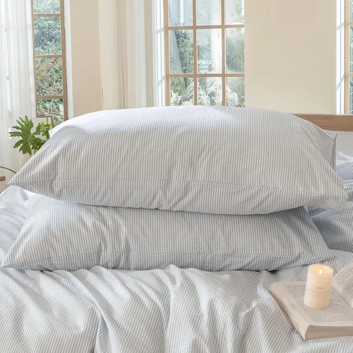 Vista 17 de MooMee Juego de 2 fundas de almohada 100% algodón lavado con textura parecida al lino, transpirable, duradera, suave y cómoda