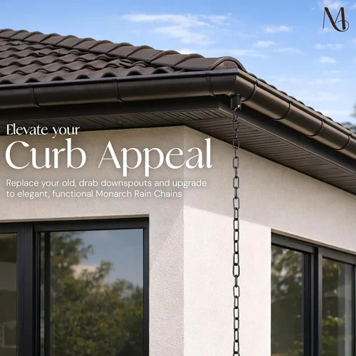 Vista 6 de Monarch Rain Chains Cadenas de lluvia negras de aluminio Trad Link para canaletas – Cadena de lluvia decorativa negra de 8.5 pies para exteriores