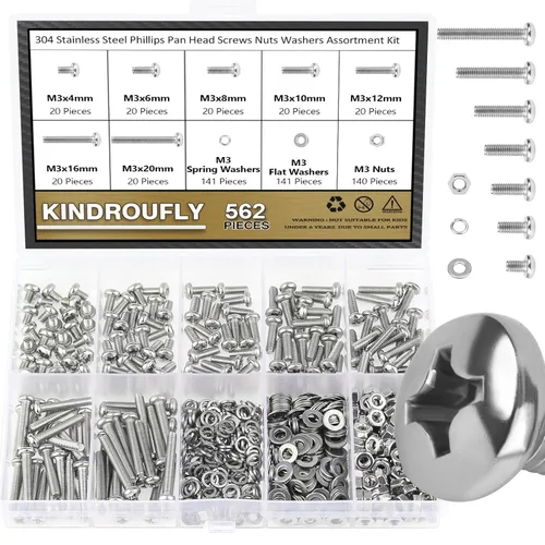 Vista 9 de Kit surtido de 562 tornillos de cabeza plana Phillips M2 x 4/6/8/10/12/16/0.787 in Phillips Tornillos de máquina de tuercas y arandelas de acero