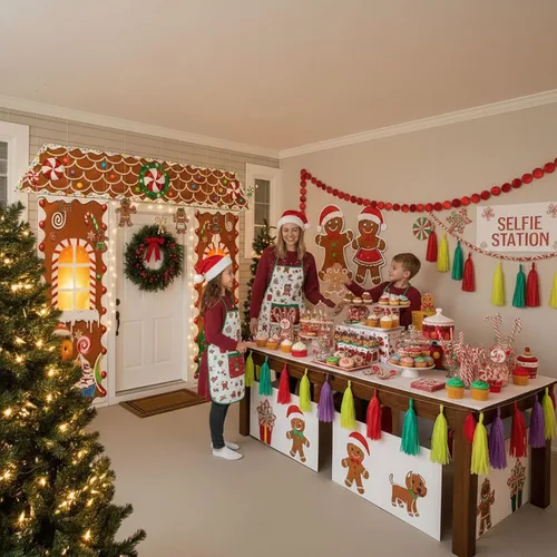 Vista 2 de Puerta de Pan de Jengibre de Navidad con Luces, Decoraciones de Cubierta de Cartón, Letrero de Pancarta de Porche de Dulces de Casa de Pan