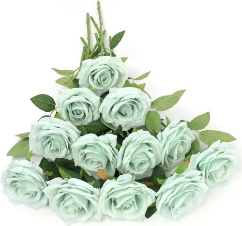 Vista 21 de LVEFIT Flores Artificiales de Rosa Rosas Polvorientas Flores de Seda 12 piezas con Rosas de Seda de Tallo Largo Ramo para Boda, Ducha Nupcial