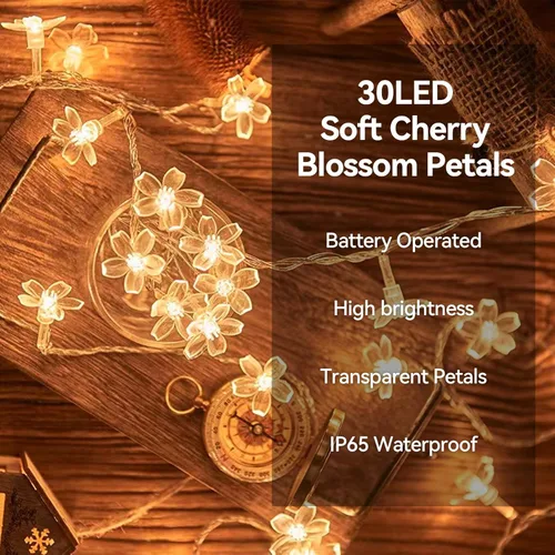 Vista 4 de ITICdecor Guirnalda de luces de flores de 15 pies, 30 luces LED de hadas de Navidad con pilas, para interiores y exteriores, iluminación