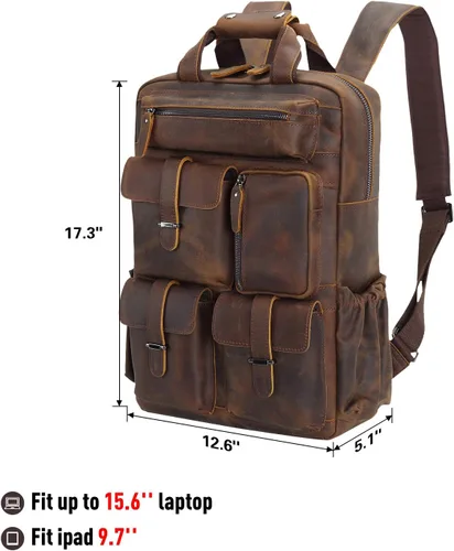 Vista 7 de Polare - Mochila de piel de vaca para computadora portátil, mochila de viaje, bolsa de viaje para hombres