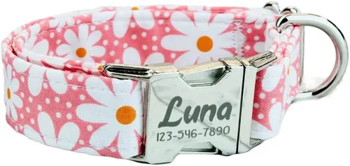 Collar de perro floral de margaritas rosadas con hebilla de metal o plástico, hecho a mano, collar personalizado grabado personalizado, 1 pulgada de
