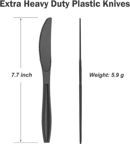 Vista 3 de Dealusy 360 cuchillos de plástico negro extra resistentes, desechables, sin BPA, resistentes al calor, cuchillos desechables sólidos y duraderos a