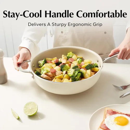 Vista 3 de Redchef Sartén Salteadora de Cerámica con Tapa, Sartén Profunda Antiadherente para Freír, Cocinera Jumbo de 5QT con Mango Auxiliar y Tapa, Sartén