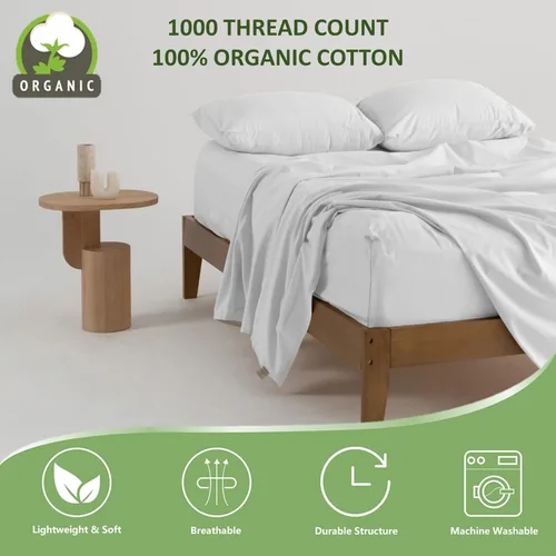 Vista 6 de Juego de sábanas puro de 100% algodón orgánico certificado de 1000 hilos, juego de ropa de cama de 4 piezas, bolsillo extra profundo de 24 pulgadas