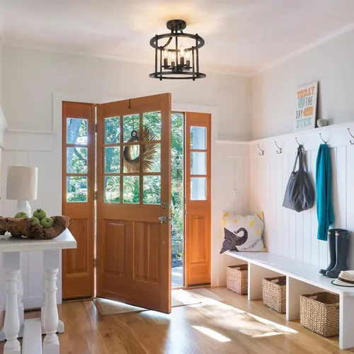 Vista 2 de Lámpara de techo semiempotrada de granja, lámpara de techo industrial de 4 luces con base E12 de metal rústico vintage para cocina, comedor