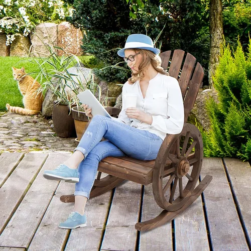 Vista 2 de Outsunny Mecedora de madera, silla mecedora Adirondack con diseño de listones y respaldo de gran tamaño, mecedora para exteriores con reposabrazos