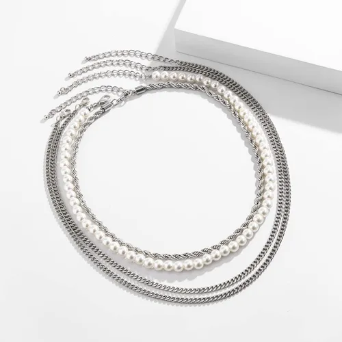 Vista 4 de YERTTER Collar gótico de cadena de plata de 4 capas para hombre, cadena de perlas, cadena gruesa, cadena torcida, cadena plana, gargantilla
