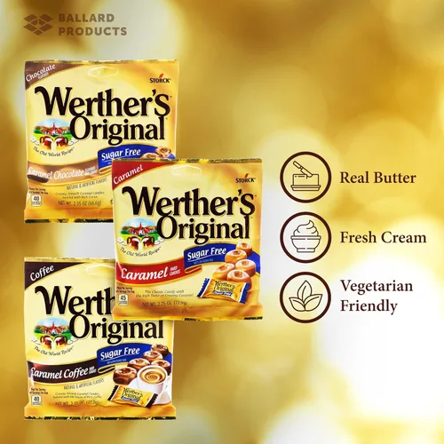 Vista 3 de Werthers - Paquete variado de dulces duros sin azúcar, paquete de 3 sabores, bolsas tamaño tienda de comestibles, 1 bolsa de cada sabor, paquete