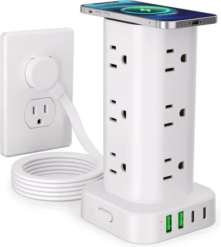 Vista 11 de Regleta de alimentación de torre con múltiples salidas, protector de sobretensiones de enchufe plano, cable de extensión de torre con 12 tomas
