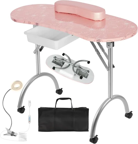 Vista 8 de Alohappy Mesa de manicura portátil y plegable, escritorio de uñas con cajón/lámpara de mesa LED con enchufe USB actualizado/almohadilla de muñeca